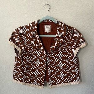 Vintage Nanette Lepore Brown White Atomic Embroidered Retro Jacket Women Size 6